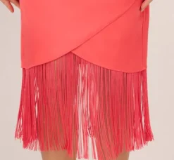 Adrianna Papell Wedding Guest Dresses|Petite-Friendly*Stretch Satin One Shoulder Midi Dress With Fringe Skirt In Spicy Coral