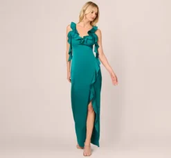 Adrianna Papell Wedding Guest Dresses|Formal Dresses*Stretch Satin Ruffle Long Dress In Deep Emerald