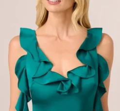 Adrianna Papell Wedding Guest Dresses|Formal Dresses*Stretch Satin Ruffle Long Dress In Deep Emerald