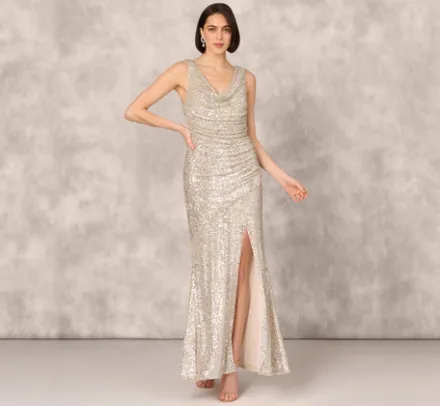 Adrianna Papell Wedding Guest Dresses|Formal Dresses*Stretch Sequin Sleeveless Cowl Neck Gown With Gathered Details In Champagne Silver