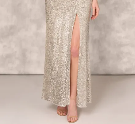 Adrianna Papell Wedding Guest Dresses|Formal Dresses*Stretch Sequin Sleeveless Cowl Neck Gown With Gathered Details In Champagne Silver