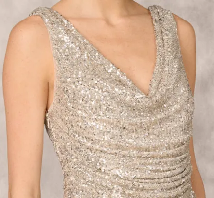 Adrianna Papell Wedding Guest Dresses|Formal Dresses*Stretch Sequin Sleeveless Cowl Neck Gown With Gathered Details In Champagne Silver
