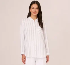 Adrianna Papell Tops & Blouses*Striped Button Up Linen Shirt With Long Sleeves In White Grey Triple Stripe