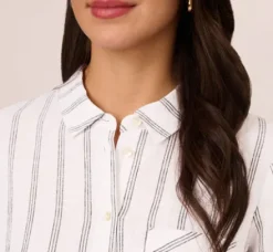 Adrianna Papell Tops & Blouses*Striped Button Up Linen Shirt With Long Sleeves In White Grey Triple Stripe