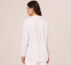 Adrianna Papell Tops & Blouses*Striped Button Up Linen Shirt With Long Sleeves In White Grey Triple Stripe