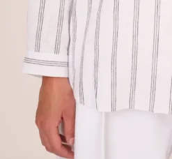 Adrianna Papell Tops & Blouses*Striped Button Up Linen Shirt With Long Sleeves In White Grey Triple Stripe