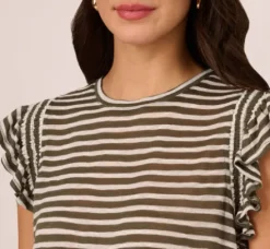 Adrianna Papell Tops & Blouses|Co-Ord Sets*Striped Tee With Ruffle Sleeves In Dk Green White