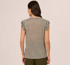 Adrianna Papell Tops & Blouses|Co-Ord Sets*Striped Tee With Ruffle Sleeves In Dk Green White