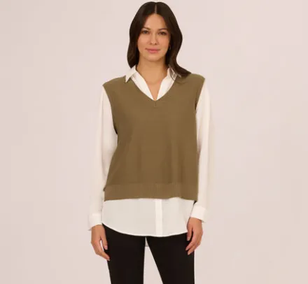 Adrianna Papell Tops & Blouses|Sweaters*Sweater Vest Collared Twofer Shirt In Smokey Olive Ivory