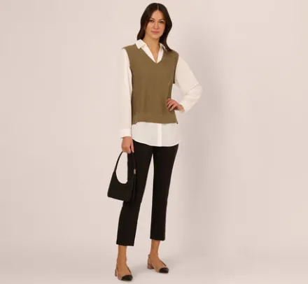 Adrianna Papell Tops & Blouses|Sweaters*Sweater Vest Collared Twofer Shirt In Smokey Olive Ivory