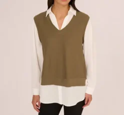 Adrianna Papell Tops & Blouses|Sweaters*Sweater Vest Collared Twofer Shirt In Smokey Olive Ivory