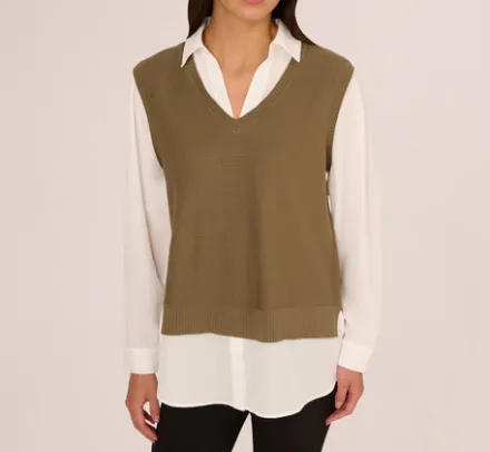 Adrianna Papell Tops & Blouses|Sweaters*Sweater Vest Collared Twofer Shirt In Smokey Olive Ivory