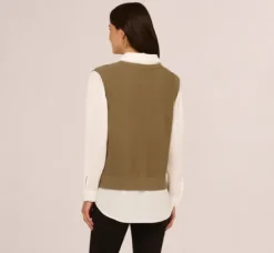 Adrianna Papell Tops & Blouses|Sweaters*Sweater Vest Collared Twofer Shirt In Smokey Olive Ivory