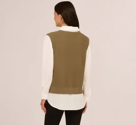 Adrianna Papell Tops & Blouses|Sweaters*Sweater Vest Collared Twofer Shirt In Smokey Olive Ivory