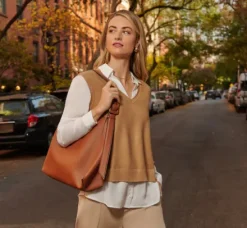 Adrianna Papell Tops & Blouses|Sweaters*Sweater Vest Collared Twofer Shirt In Camel Ivory