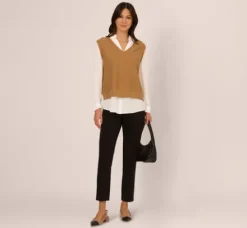 Adrianna Papell Tops & Blouses|Sweaters*Sweater Vest Collared Twofer Shirt In Camel Ivory