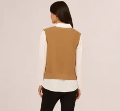 Adrianna Papell Tops & Blouses|Sweaters*Sweater Vest Collared Twofer Shirt In Camel Ivory