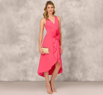 Adrianna Papell Wedding Guest Dresses|Petite-Friendly*Taffeta Halter Midi Dress With Large Floral Accent In