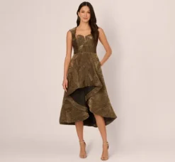 Adrianna Papell Wedding Guest Dresses|Petite-Friendly*Textured Jacquard High Low Dress With Notched Neck In Metallic Gold