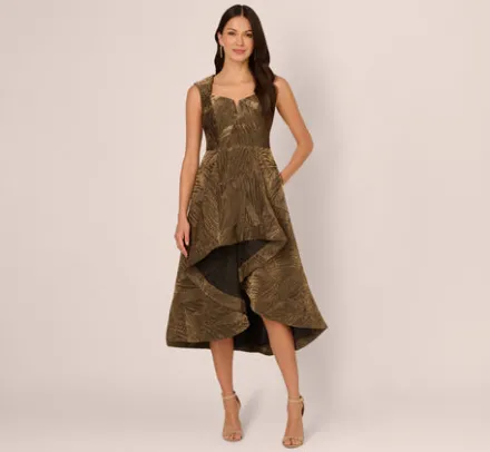 Adrianna Papell Wedding Guest Dresses|Petite-Friendly*Textured Jacquard High Low Dress With Notched Neck In Metallic Gold