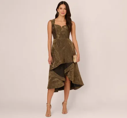 Adrianna Papell Wedding Guest Dresses|Petite-Friendly*Textured Jacquard High Low Dress With Notched Neck In Metallic Gold