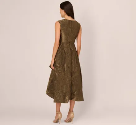 Adrianna Papell Wedding Guest Dresses|Petite-Friendly*Textured Jacquard High Low Dress With Notched Neck In Metallic Gold