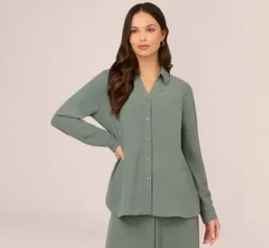Adrianna Papell Tops & Blouses|Co-Ord Sets*Texture Woven Button Up Shirt With Long Sleeves In Dusty Seafoam
