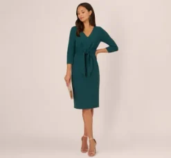 Adrianna Papell Wedding Guest Dresses|Ap Exclusives*Three Quarter Sleeve Pleated Midi Dress With Tie Waist In