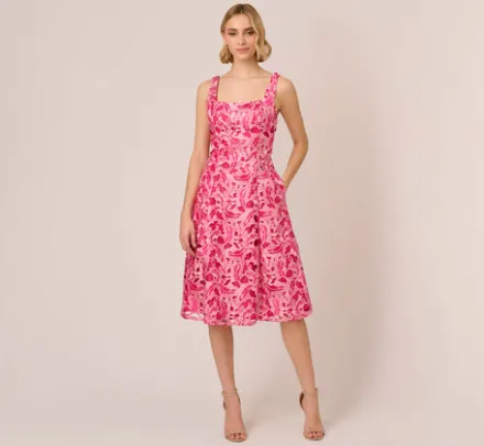 Adrianna Papell Wedding Guest Dresses*Tonal Lace Sleeveless Midi Dress With Pockets In Electric Pink