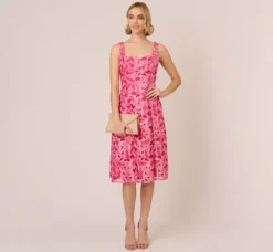 Adrianna Papell Wedding Guest Dresses*Tonal Lace Sleeveless Midi Dress With Pockets In Electric Pink