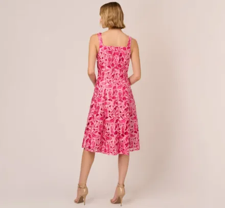 Adrianna Papell Wedding Guest Dresses*Tonal Lace Sleeveless Midi Dress With Pockets In Electric Pink