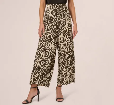 Adrianna Papell Pants & Skirts*Tropical Floral Print Wide Leg Pants With Drawstring Waist In Chocolate Walnut Large Swirl