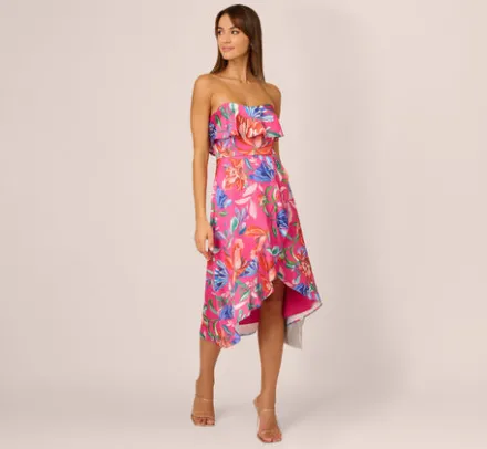 Adrianna Papell Wedding Guest Dresses|Petite-Friendly*Tropical Floral Sateen Strapless Midi Dress With Ruffle Accent In Pink Multi