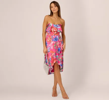 Adrianna Papell Wedding Guest Dresses|Petite-Friendly*Tropical Floral Sateen Strapless Midi Dress With Ruffle Accent In Pink Multi