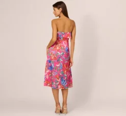 Adrianna Papell Wedding Guest Dresses|Petite-Friendly*Tropical Floral Sateen Strapless Midi Dress With Ruffle Accent In Pink Multi