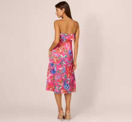 Adrianna Papell Wedding Guest Dresses|Petite-Friendly*Tropical Floral Sateen Strapless Midi Dress With Ruffle Accent In Pink Multi