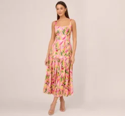 Adrianna Papell Wedding Guest Dresses|Petite-Friendly*Tropical Print Satin Ankle Length Dress With Tiered Skirt In Pink Multi