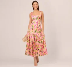 Adrianna Papell Wedding Guest Dresses|Petite-Friendly*Tropical Print Satin Ankle Length Dress With Tiered Skirt In Pink Multi