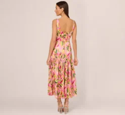 Adrianna Papell Wedding Guest Dresses|Petite-Friendly*Tropical Print Satin Ankle Length Dress With Tiered Skirt In Pink Multi
