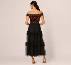 Adrianna Papell Wedding Guest Dresses|Grandmother Of The Bride & Groom*Velvet And Tulle Midi Dress In Black Red