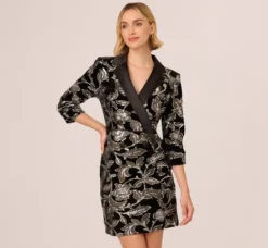Adrianna Papell Wedding Guest Dresses|Grandmother Of The Bride & Groom*Velvet Blazer Short Dress In Black Silver