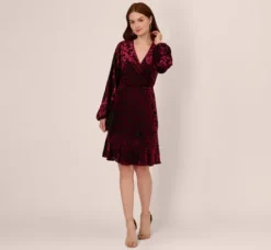 Adrianna Papell Wedding Guest Dresses|Day Dresses*Velvet Burnout Faux Wrap Dress With Long Bishop Sleeves In Burgundy Black