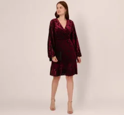 Adrianna Papell Wedding Guest Dresses|Day Dresses*Velvet Burnout Faux Wrap Dress With Long Bishop Sleeves In Burgundy Black
