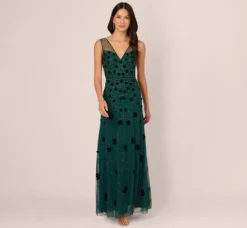 Adrianna Papell Wedding Guest Dresses|Formal Dresses*Velvet Floral Beaded Gown With Sheer Tank Straps In Gem Green