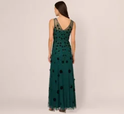 Adrianna Papell Wedding Guest Dresses|Formal Dresses*Velvet Floral Beaded Gown With Sheer Tank Straps In Gem Green