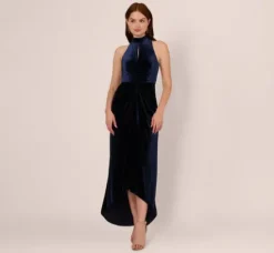Adrianna Papell Wedding Guest Dresses|Formal Dresses*Velvet High Low Halter Gown With Cutout Mock Neck In