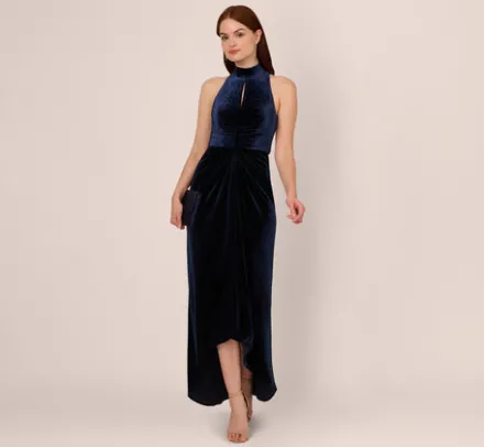 Adrianna Papell Wedding Guest Dresses|Formal Dresses*Velvet High Low Halter Gown With Cutout Mock Neck In