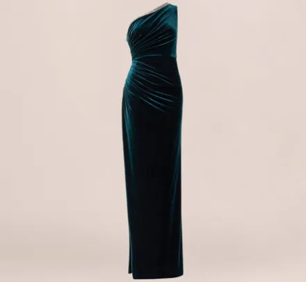 Adrianna Papell Wedding Guest Dresses|Formal Dresses*Velvet One Shoulder Gown With Beaded Neckline In
