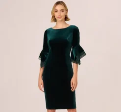 Adrianna Papell Wedding Guest Dresses|Day Dresses*Velvet Sheath Dress With Tiered Three Quarter Sleeves In