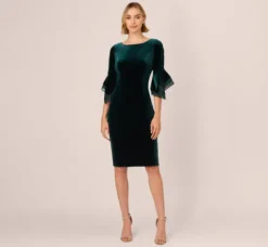 Adrianna Papell Wedding Guest Dresses|Day Dresses*Velvet Sheath Dress With Tiered Three Quarter Sleeves In